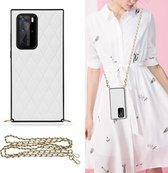 Voor Huawei P40 Pro Elegant Rhombic Pattern Microfiber Leather + TPU Shockproof Case met Crossbody Strap Chain (Wit)