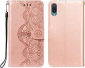 Voor Samsung Galaxy A02 / M02 (EU) Flower Vine Embossing Pattern Horizontale Flip Leather Case met Card Slot & Holder & Wallet & Lanyard (Rose Gold)