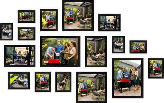 HAES DECO - Collage set met 17 houten fotolijsten Paris zwart voor foto's formaat 10x15, 13x18, 15x20, 20x30, 30x30 en 30x40 - SP001901-17