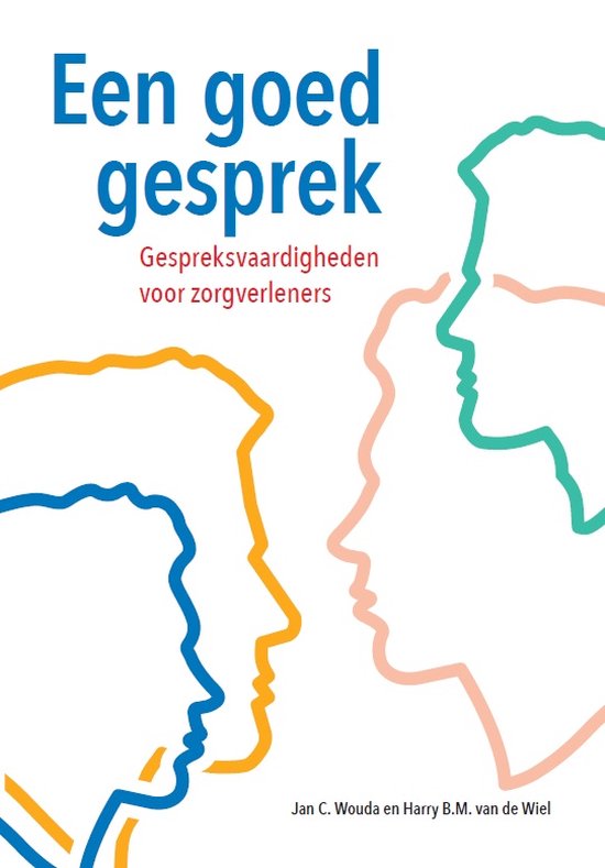 Boek "Een goed gesprek", met kleurrijke profielen van hoofden en de tekst "Gespreksvaardigheden voor zorgverleners".