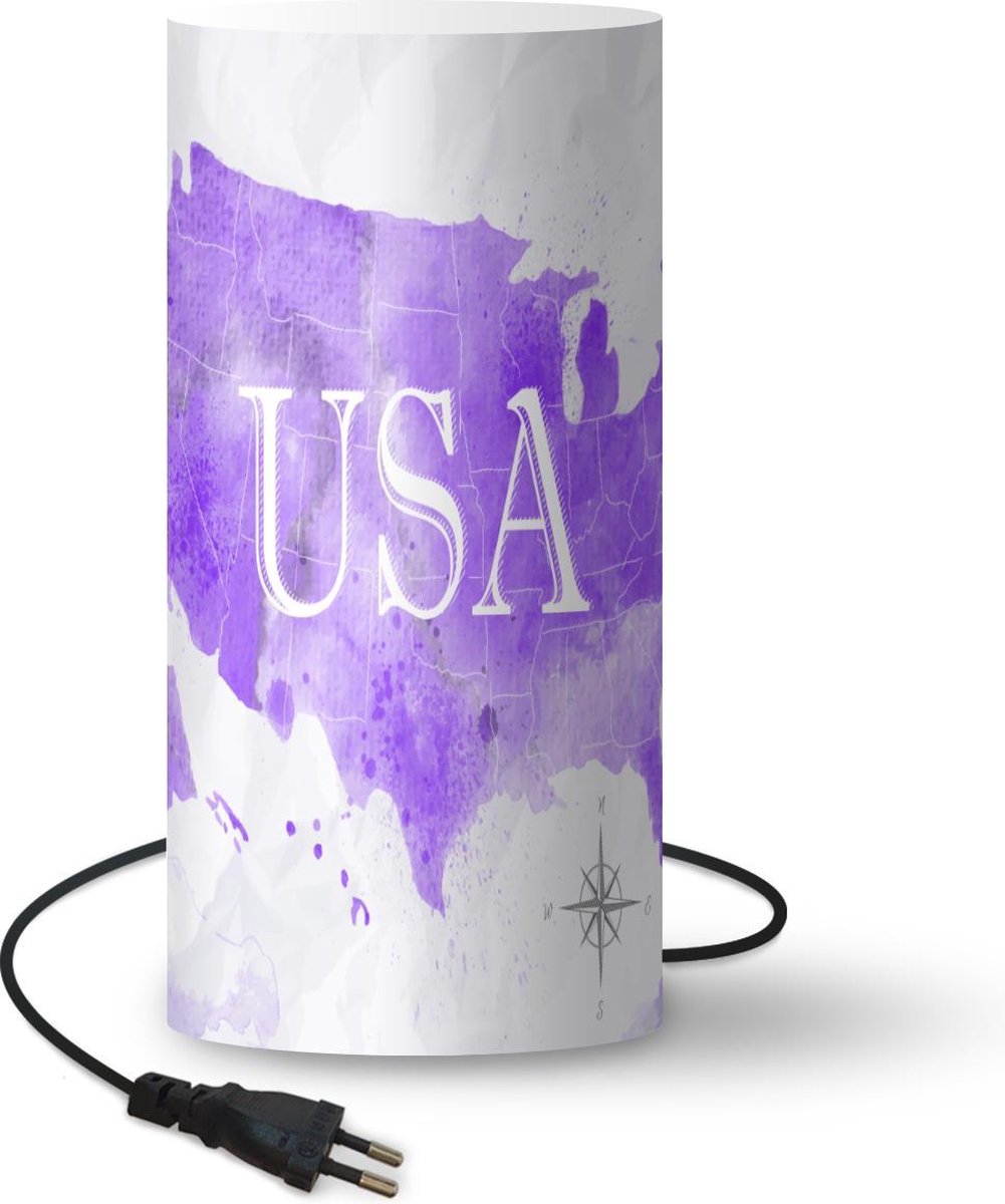 Lamp - Nachtlampje - Tafellamp slaapkamer - Kaart - Amerika - Paars - Waterverf - 33 cm hoog - Ø15.9 cm - Inclusief LED lamp