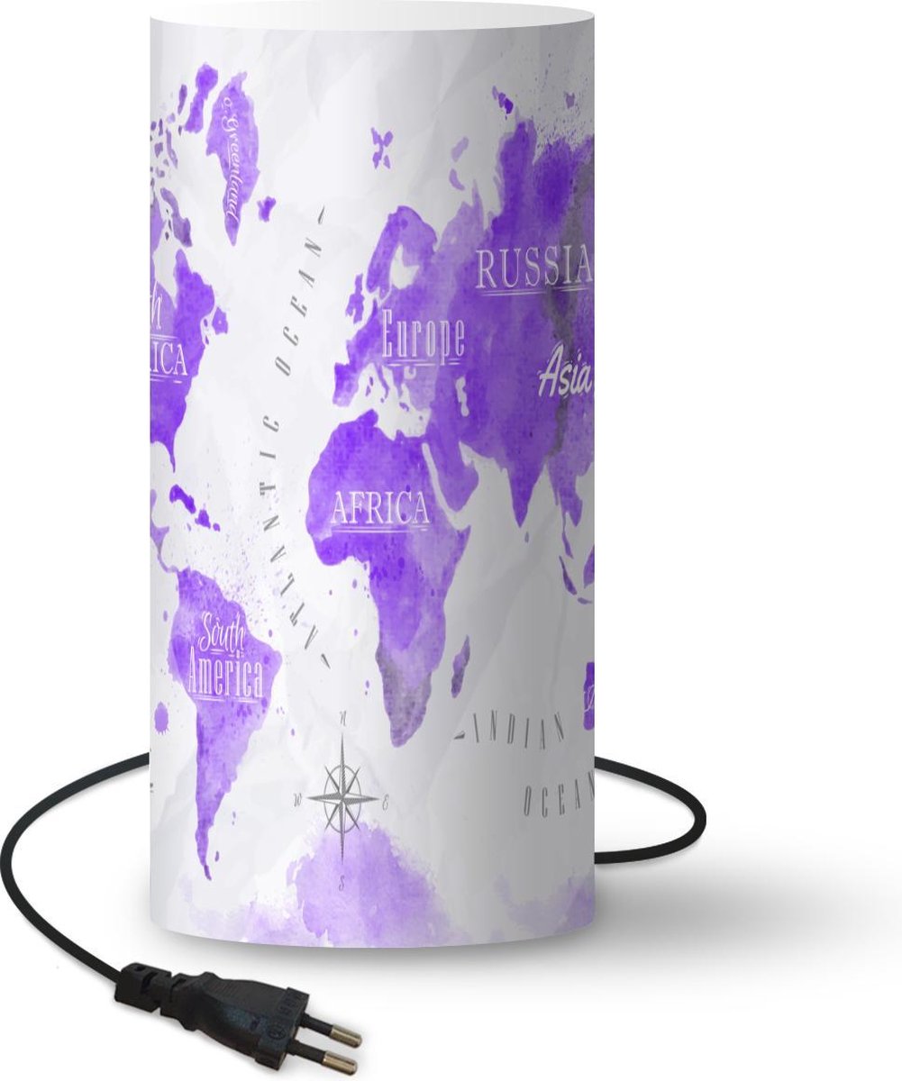 Lamp - Nachtlampje - Tafellamp slaapkamer - Wereldkaart - Olieverf - Paars - 33 cm hoog - Ø15.9 cm - Inclusief LED lamp
