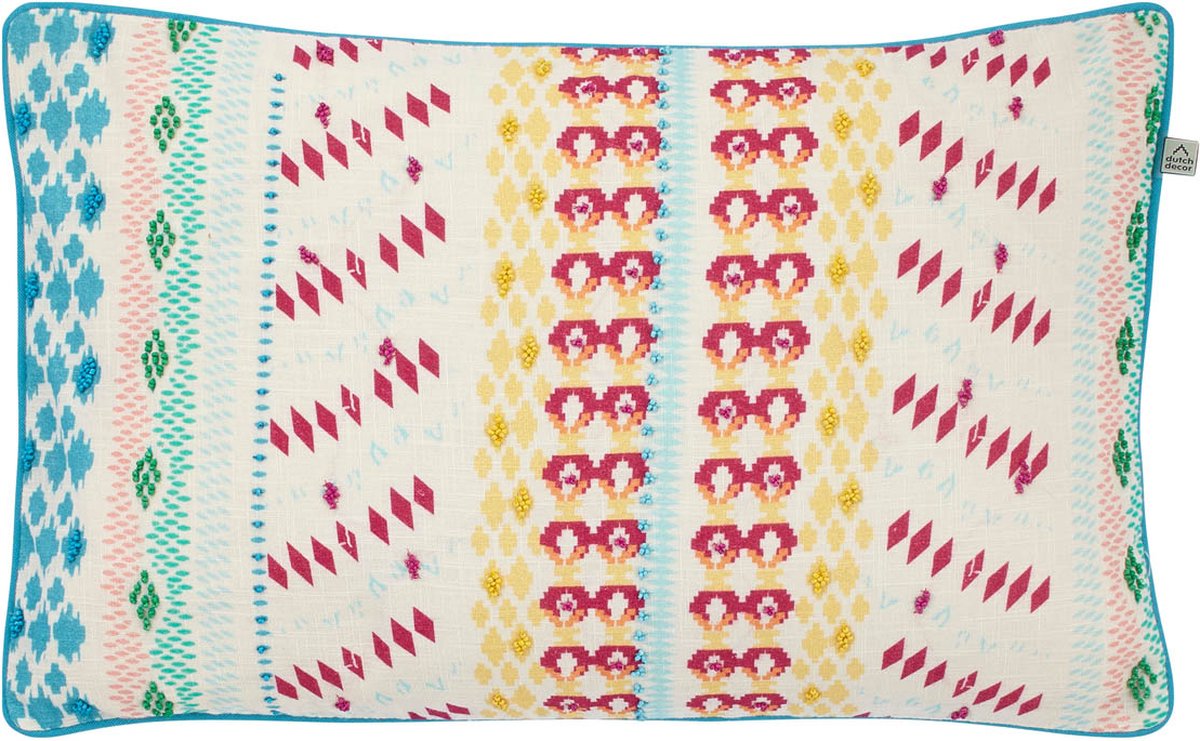 Dutch Decor SAKLAN - Sierkussen kraaltjes - 30x50 cm - aztec - blauw - aqua - geel - wit - rood - roze - groen - 100% katoen - Inclusief binnenkussen