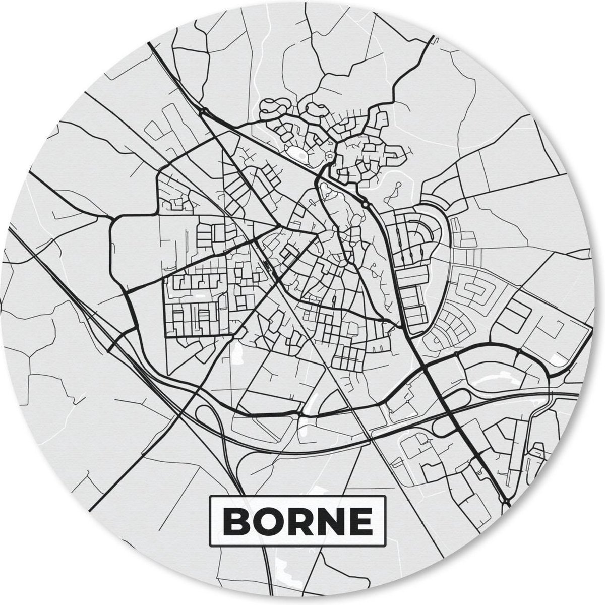 Muismat rond 20x20 cm - Mousepad Stadskaart - Borne - Grijs - Wit - Ronde muismatten
