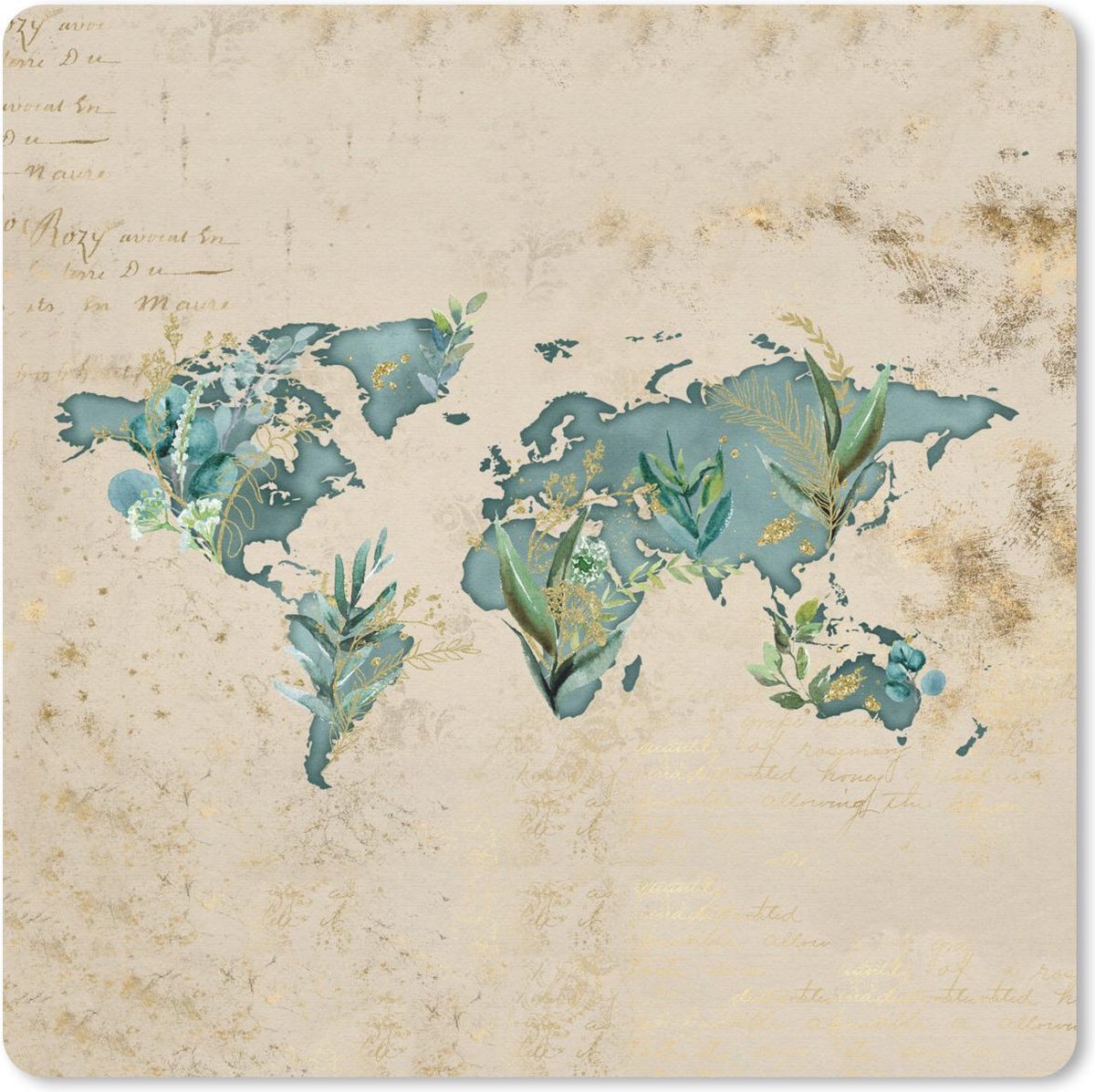 Muismat 30x30 cm - Mousepad Wereldkaart - Vintage - Planten - Muismatten