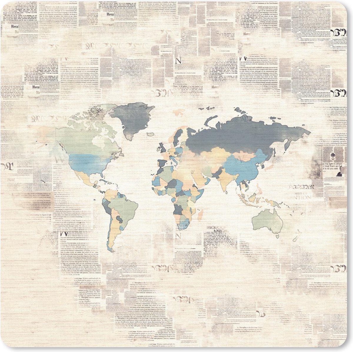 Muismat 20x20 cm - Mousepad Wereldkaart - Kleuren - Krantenpapier - Muismatten