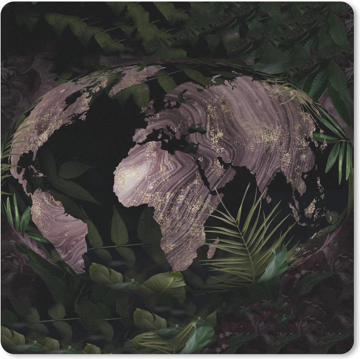 Muismat 20x20 cm - Mousepad Wereldkaart - Planten - Paars - Muismatten