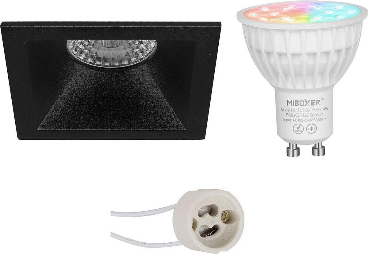 Mi-Light MiBoxer - LED Spot Set GU10 - Smart LED - Wifi LED - Slimme LED - 4W - RGB+CCT - Aanpasbare Kleur - Dimbaar - Proma Pollon Pro - Inbouw Vierkant - Mat Zwart - Verdiept - 82mm