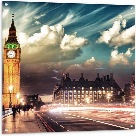 Tuinposter – Big Ben Uitverlicht in de Nacht - 100x100cm Foto op Tuinposter  (wanddecoratie voor buiten en binnen)