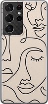 Samsung Galaxy S21 Ultra hoesje siliconen - Abstract gezicht lijnen - Soft Case Telefoonhoesje - Print / Illustratie - Beige