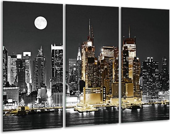 GroepArt - Schilderij -  New York - Zwart, Wit, Geel - 120x80cm 3Luik - 6000+ Schilderijen 0p Canvas Art Collectie