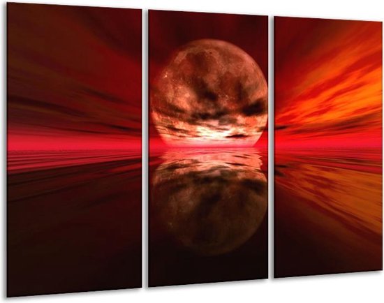 GroepArt - Schilderij -  Maan - Rood, Zwart, Bruin - 120x80cm 3Luik - 6000+ Schilderijen 0p Canvas Art Collectie