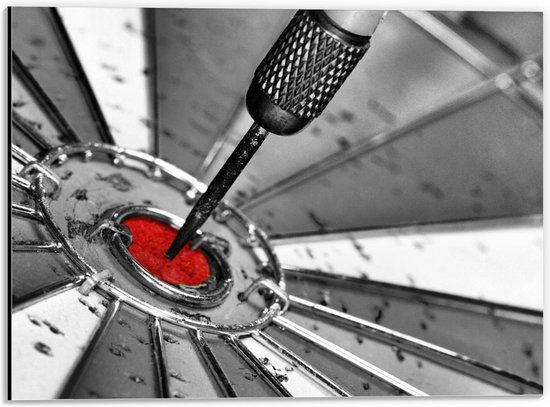 Dibond - Dartpijl in Rode Roos van Zwart/Wit Dartbord - 40x30cm Foto op Aluminium (Met Ophangsysteem)