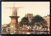Oud Stadsgezicht Rotterdam Coolsingel - Molen aan de Coolvest - Oude Foto Print op Canvas Doek 90x60cm in zwarte houten baklijst