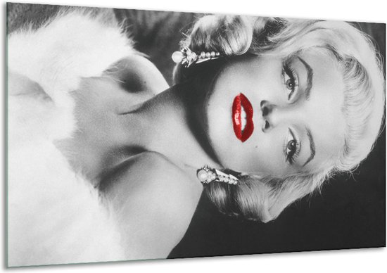 GroepArt - Schilderij - Marilyn Monroe Zwart. Wit. Luik - Zwart, Wit En Rood - 70 X 120 Cm