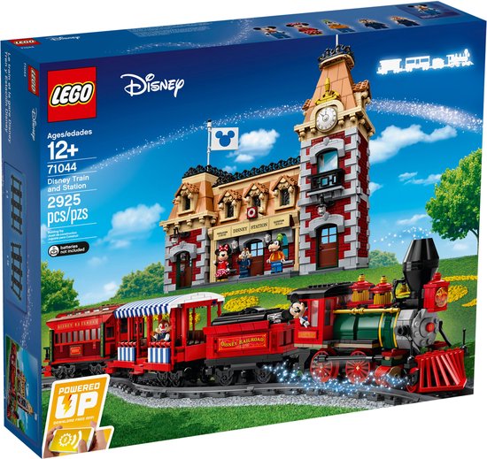 Verpakking van Lego Disney Trein en Station 71044 met trein, station en figuren.