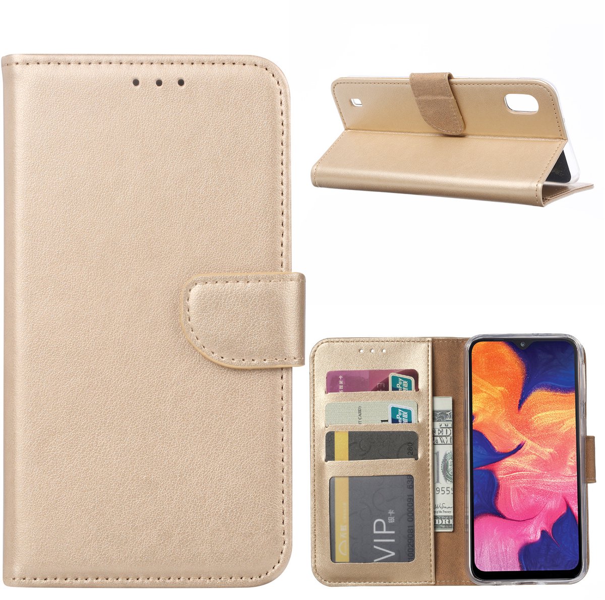 Samsung Galaxy A10s Telefoon Hoesje met pasjeshouder - Goud - van Bixb