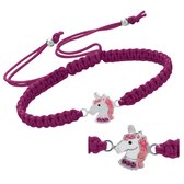 Armband meisje | Eenhoorn armband | Katoenen armband, zilveren eenhoorn met roze glittermanen