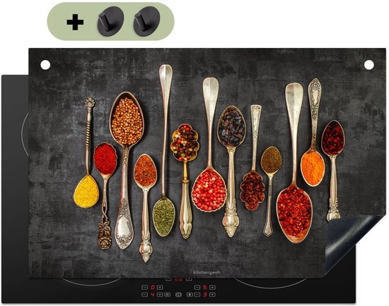 KitchenYeah® Inductie beschermer 81.6x52.7 cm - Kruiden - Lepels - Beton print - Kookplaataccessoires - Afdekplaat voor kookplaat & Spatscherm achterwand - Inductiebeschermer - Inductiemat - Inductieplaat mat - Keuken decoratie