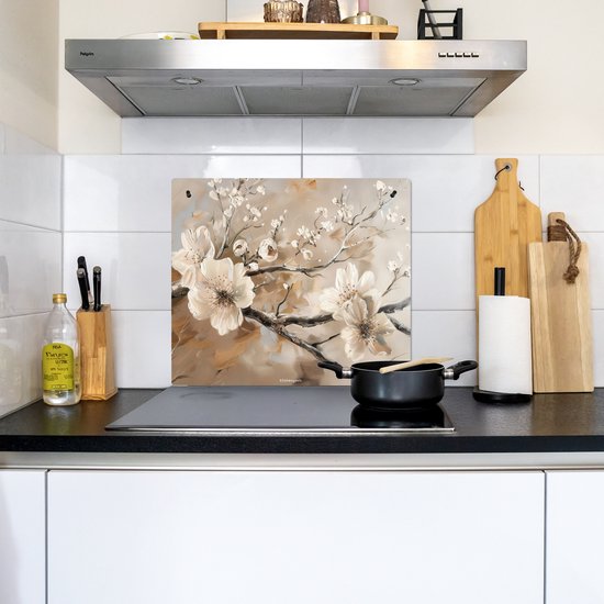 KitchenYeah® Protection plaque induction 60x52 cm - Fleurs - Abstrait - Peint - Beige - Protege plaque de cuisson - Couvre plaque induction - Protecteur d'induction - Cuisine