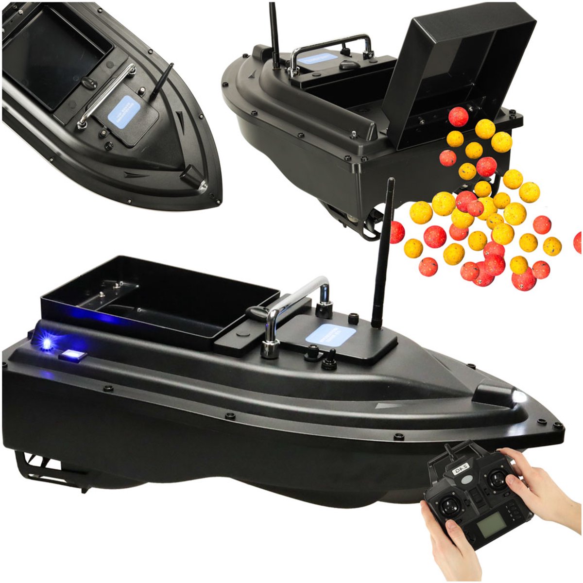 MOZY® - Voerboot - Zwart- tot 2 kg - Bestuurbaar - 500 meter bereik - met Verlichting - GPS Functie - 12 000 mAh - Visvoer Boot - Karper Vissen - Karpervissen - Visaasboot