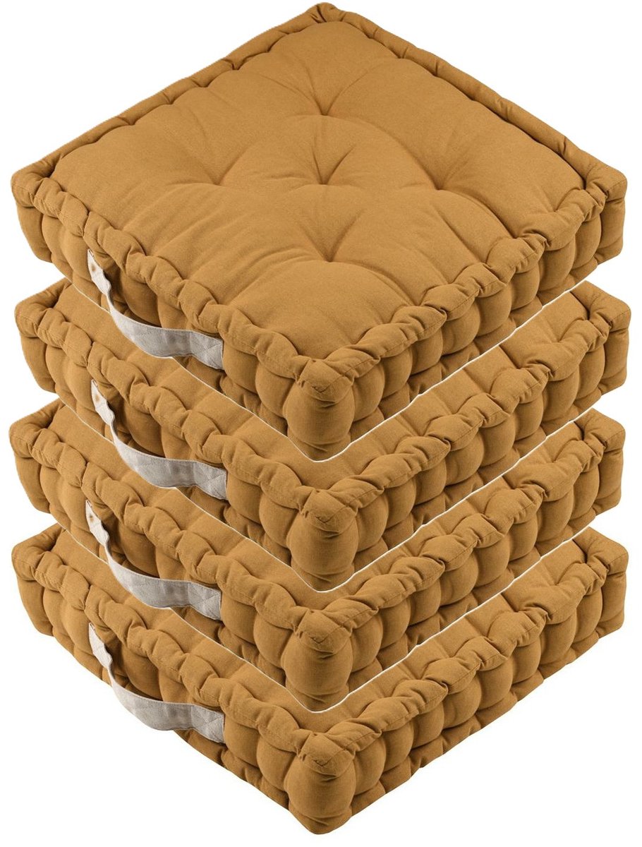 Stof Textile Vloerkussen DUO - 4x - mosterdgeel - katoen - 45 x 45 x 10 cm - vierkant - Extra dik - extra zitplaatsen - spelen - gamen - relaxen Mosterd geel