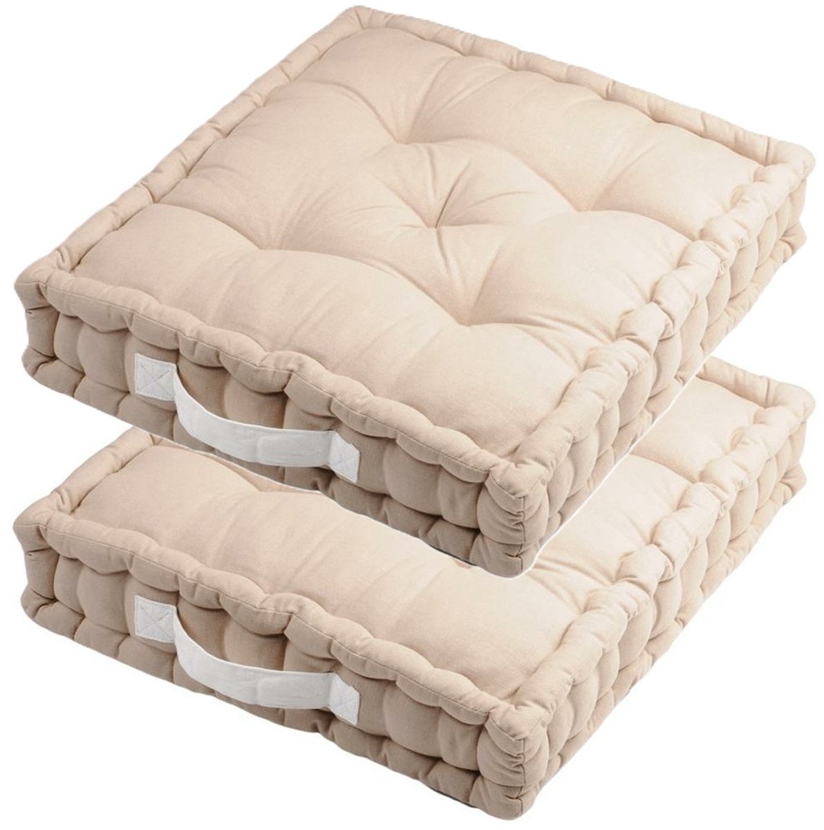Stof Textile Vloerkussen DUO - 2x - lichtbeige - katoen - 45 x 45 x 10 cm - vierkant - Extra dik - extra zitplaatsen - spelen - gamen - relaxen