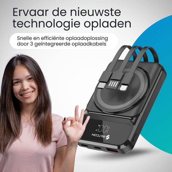 Zwarte powerbank met drie geïntegreerde kabels en MagSafe-lader, naast een lachende vrouw.