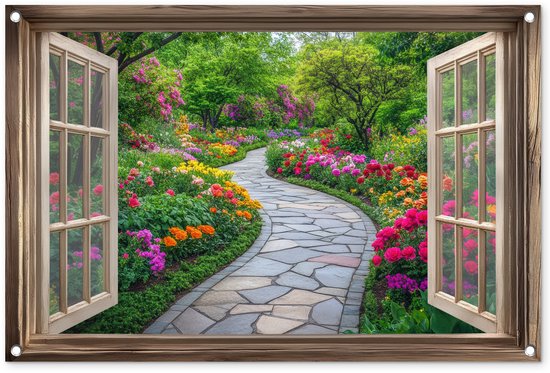 Tuinposter 90x60 cm - Tuindecoratie Doorkijk - Bloemen - Tuinpad - Natuur - Raam - Poster voor in de tuin - Buiten decoratie - Schutting tuinschilderij - Tuindoek muurdecoratie - Wanddecoratie balkondoek