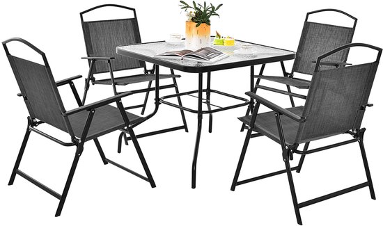 Ensemble de meubles de jardin 5 pièces COSTWAY, meubles de patio comprenant 4 chaises pliantes, 1 table avec trou pour parasol, ensemble de jardin pour 4 personnes, groupe de sièges, meubles d'assise pour jardin, patio