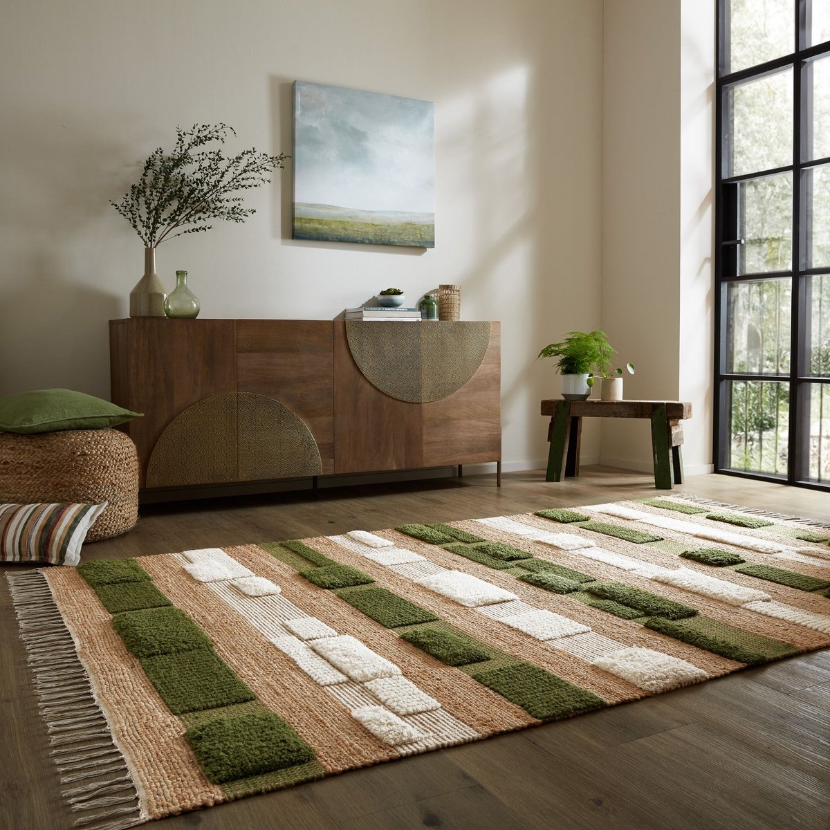 Flycarpets Laagpolig Medina Blocks Jute Vloerkleed Naturel / Groen 120x170 cm
