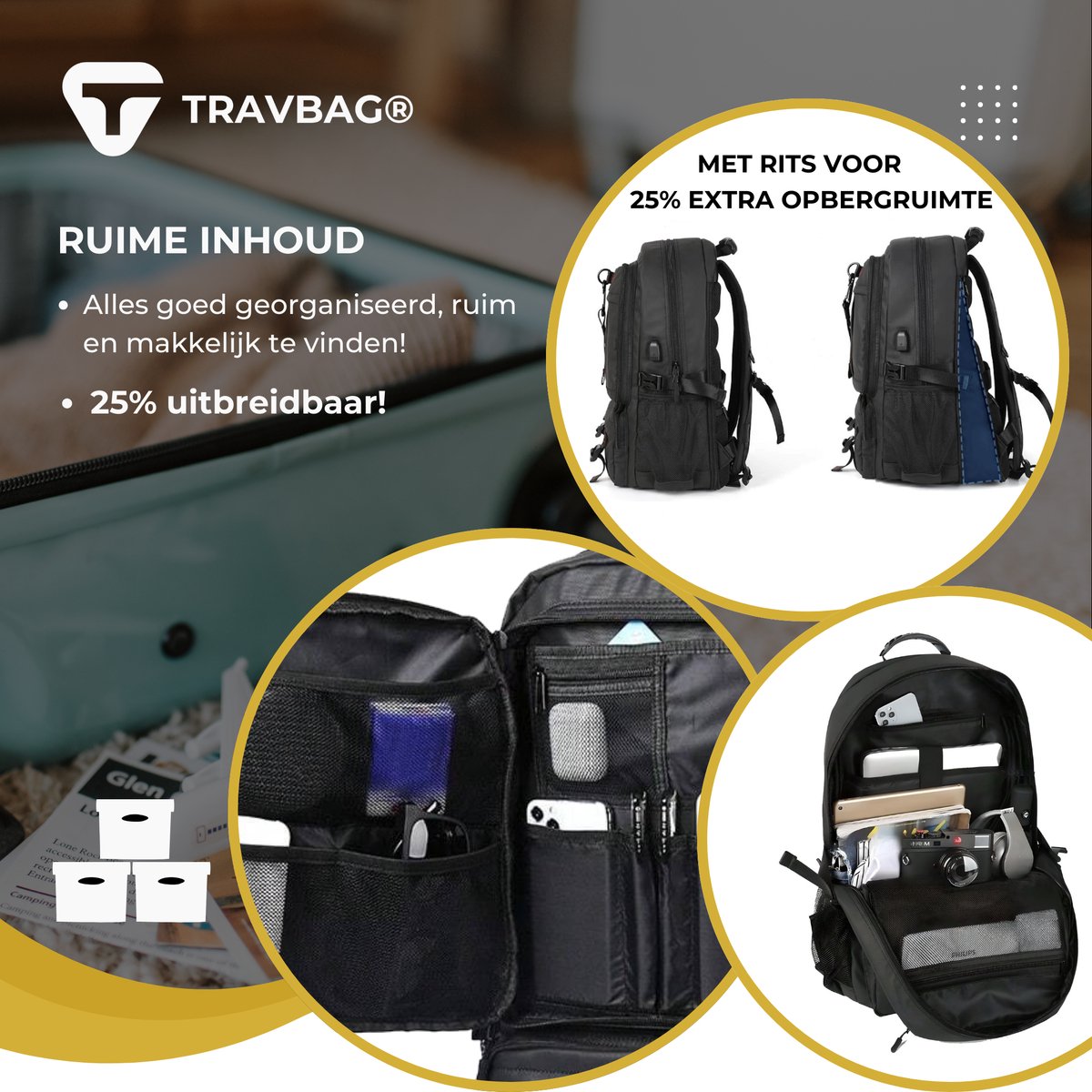 TRAVBAG® VOYAGER Rugzak - Ruime capaciteit & Verstelbaar - Backpack Reistas - Wandelrugzak - Waterdicht - USB Oplaadpoort - 65 Liter - Laptopvak - Anti-diefstal - Voor Reizen, Werk & School – foto 6