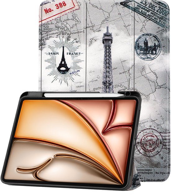 Étui noir avec imprimé Tour Eiffel et carte, partiellement ouvert pour montrer la tablette à l'intérieur doré.