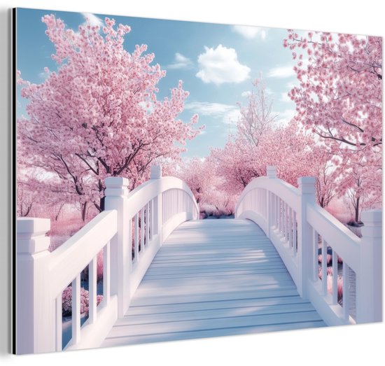 Tableau aluminium 180x120 cm - Décoration murale métal - Pont - Cerisiers - Wit - Décoration murale métal salon - Décoration industrielle - Photo sur dibond - Accessoires industriels chambre