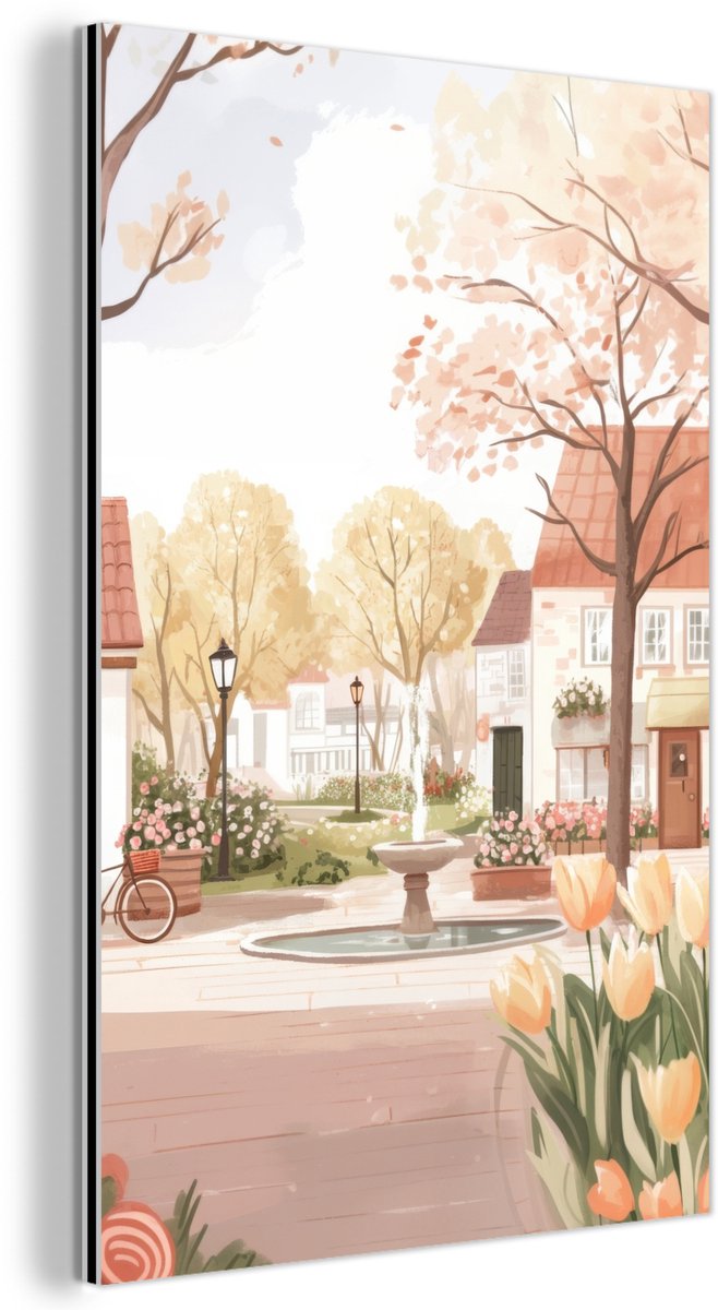 Aluminium schilderij 60x90 cm - Wanddecoratie metaal - Dorpsplein - Fontein - Tulpen - Met