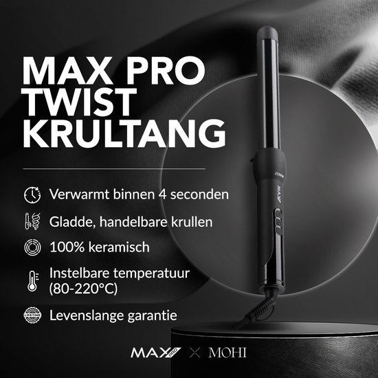 Max Pro twist krultang 25mm, verwarmt binnen 4s, 100% keramisch, instelbare temperatuur.
