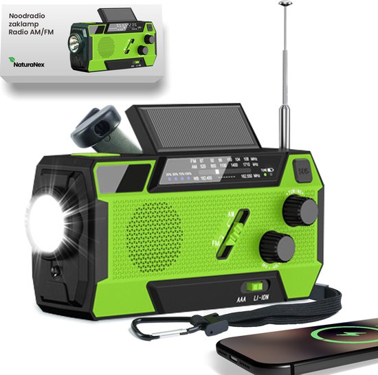 NaturaNex Noodradio Solar Opwindbaar Radio - Powerbank 4000mAh Zonneenergie - Ingebouwde Kabels - Dynamo / Zonnepaneel - Noodpakket - Zaklamp Opwindbaar - Survival Kit - FM - AM