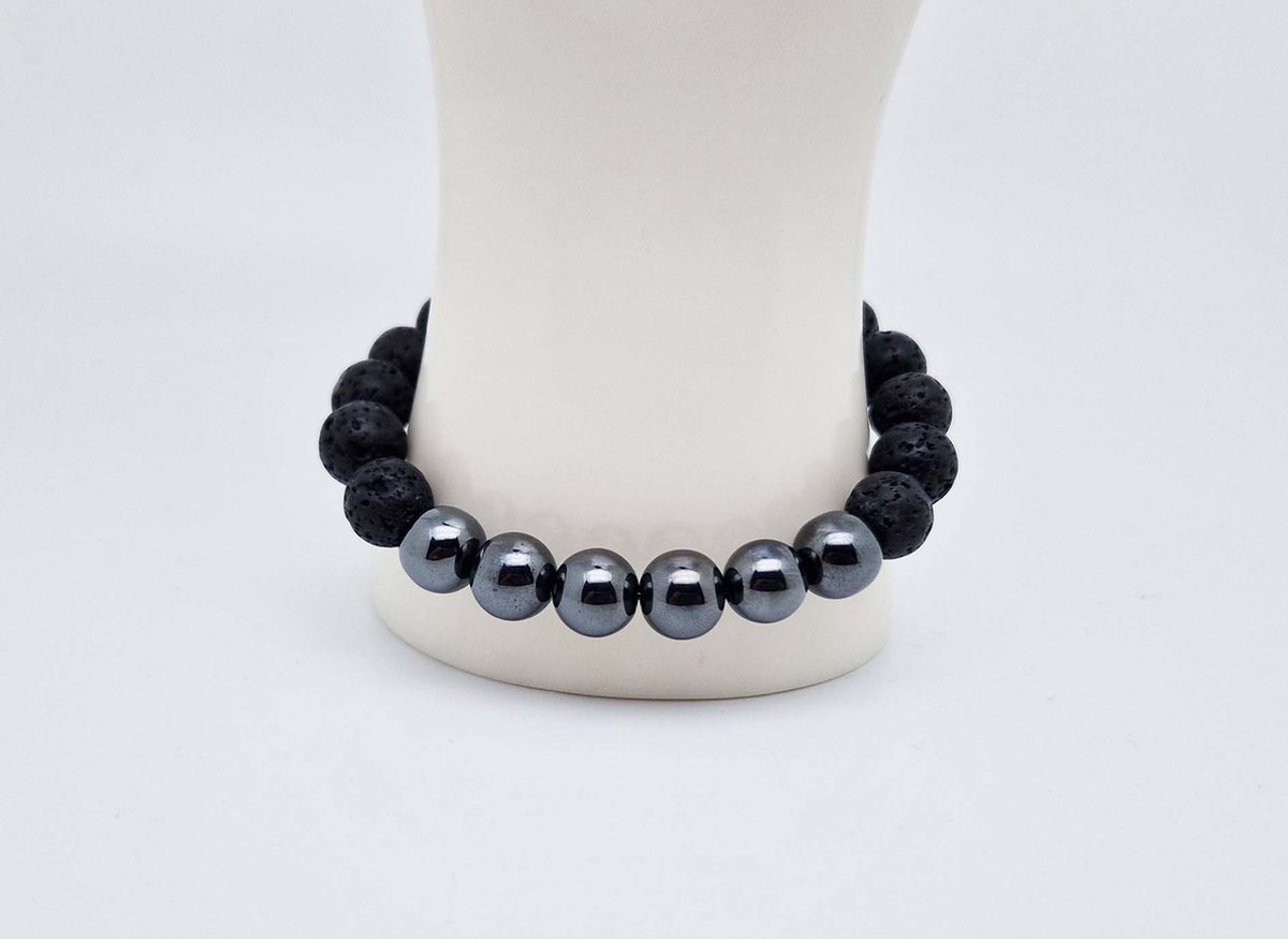 Handgemaakte "Armband Vulkanische" natuurstenen armband “Lava Donker - Hematiet” - 10 mm diameter van de korrel- Diameter armband 20 cm - Een mooi cadeau voor familie en vrienden