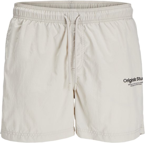 Short de bain beige clair avec cordon de serrage et logo noir 'Originals Studio'.