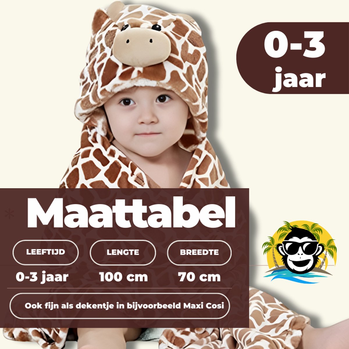 BoefieBoef Giraffe Dieren Badcape Baby 0-3 Jaar – Giraf Baby Handdoek met Capuchon – Fleece Wikkeldeken & Babydeken – Babycape, Omslagdoek & Badponcho – Kraamcadeau & Geboortecadeau – Bruin Geel – foto 3