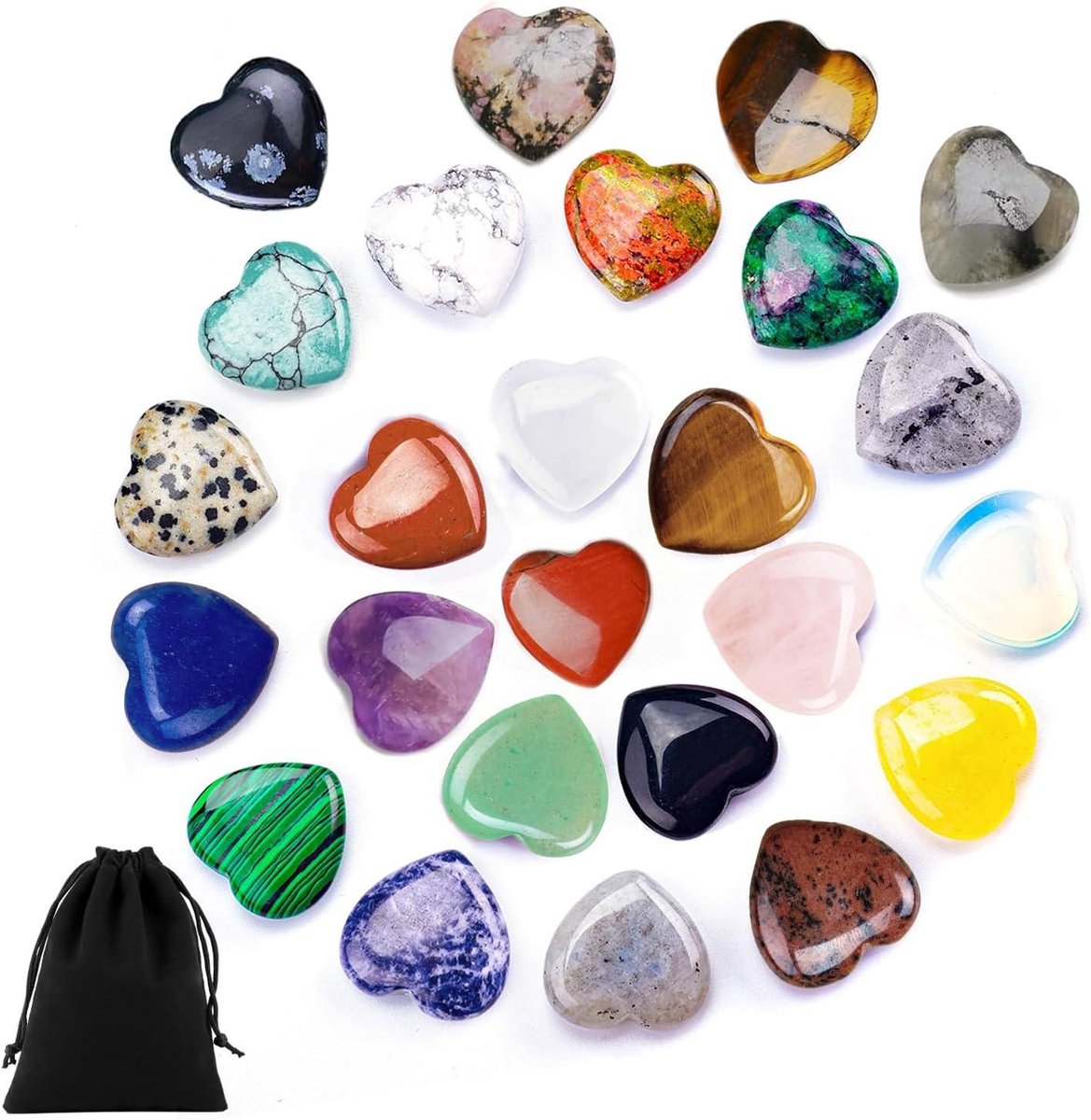 Image of 25 stuks kristallen hartstenen met 1 flanellen opbergzak - natuurlijke energiekristallen chakra-hartstenen - zakstenen