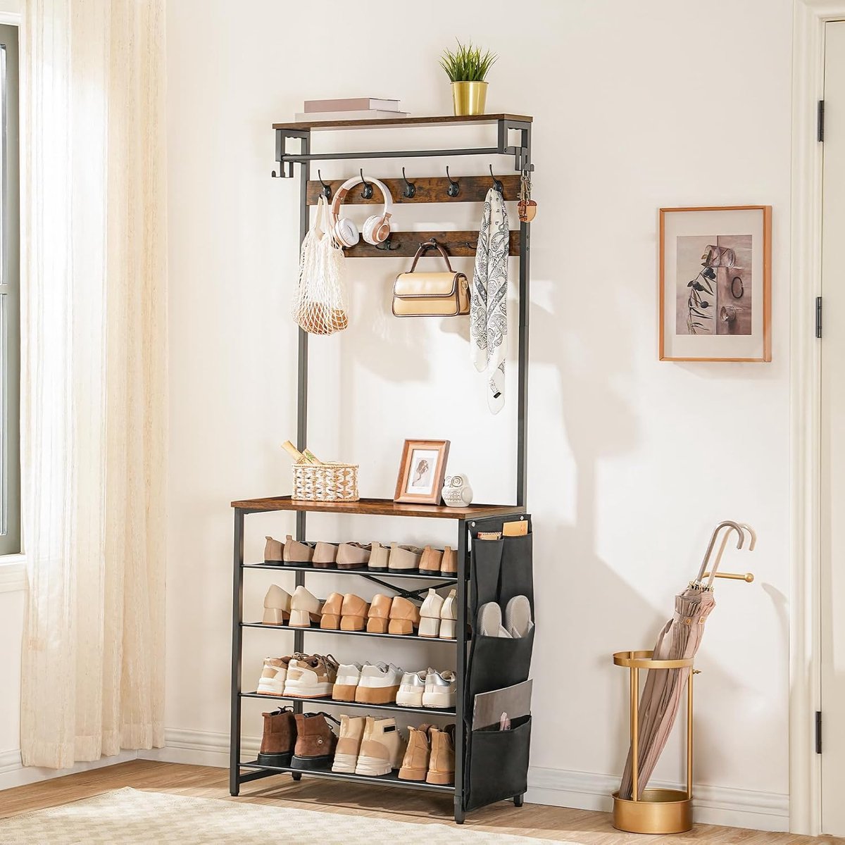 TRANKIELO® - Multifunctioneel Kledingrek met Schoenenrek – 5 Niveaus – Verstelbaar Metalen Rooster – Vintage Bruin – foto 4