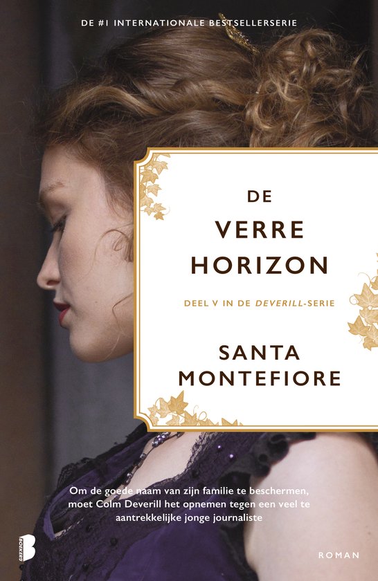 Boek: De Verre Horizon, Deel V in de Deverill-serie van Santa Montefiore. Gedrukt omslag met een vrouw van het profiel, in het geel en paars.