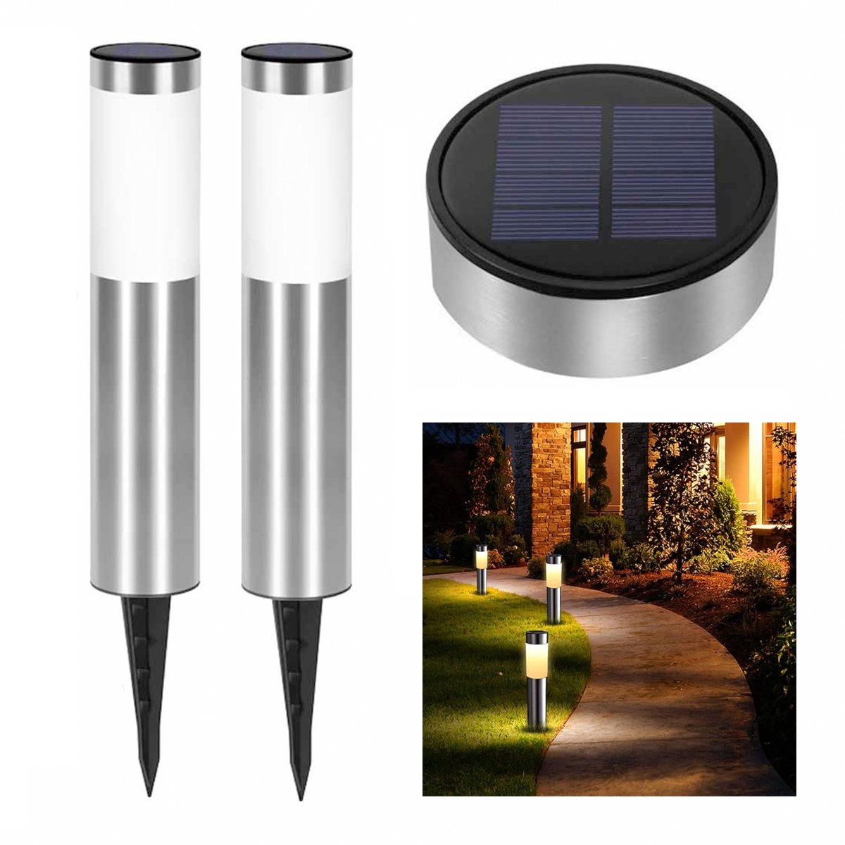Solar Tuinlamp-2Stuks Solar Tuinverlichting-Tuinverlichting op zonne energie-Padverlichting-Warm licht-Zonne verlichting voor buiten-buitenlamp-landschap stok lamp buiten-Gazon lamp Cilindrisch steek lichten zaklamp straatlantaarn(Zilver)
