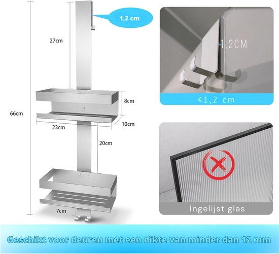 Zilverkleurig, dubbel doucherek van roestvrij staal, voor deuren dikker dan 1,2 cm.