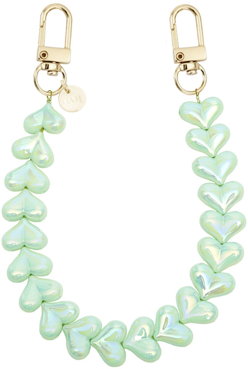 xoxo Wildhearts telefoonkoord - Funky Hearts Charm Cord (Green Metallic) - Geschikt voor iPhone - Geschikt voor Samsung - Universeel Phone Cord - Telefoonketting - Bedeltje voor telefoon - Telefoonhanger - Ketting met hartjes - Groen
