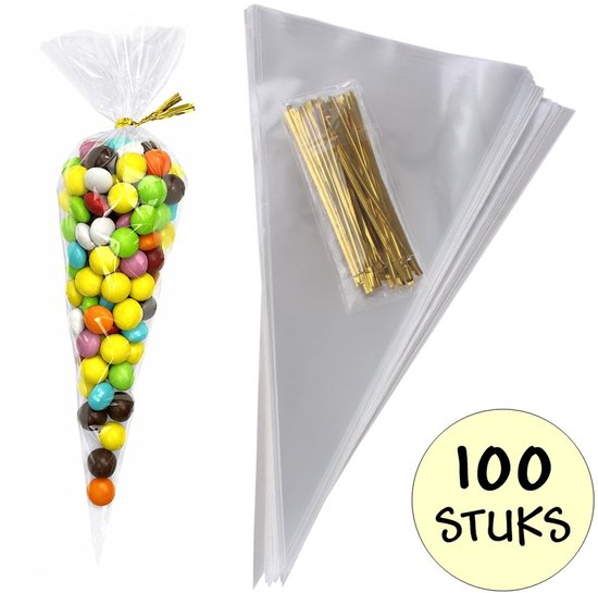 100x Cellofaan Puntzakken 25x13cm - Puntzak Doorzichtig - Traktatie Zak - Uitdeelzak - Snoepzak - Inclusief Sluitstrips Goud - 13x25cm - 100 Stuks