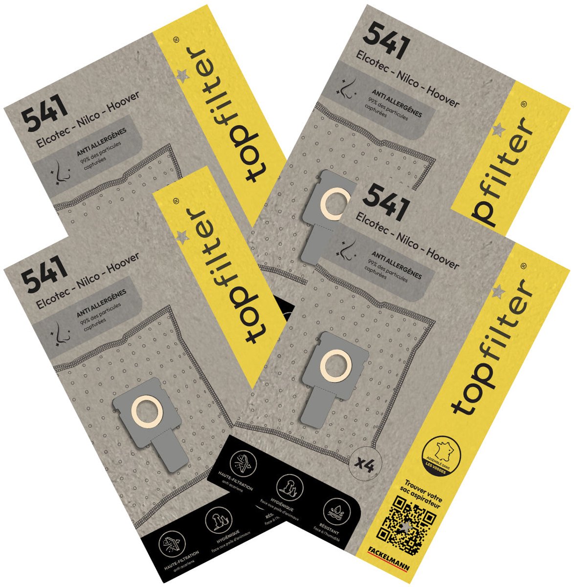 Set van 4 pakketten van 4 stofzuigerzakken 64541 voor Hoover en Elcotec TopFilter Premium