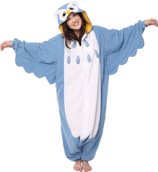 KIMU Onesie Blauwe Uil Pak - Maat L-XL - Uilenpak Kostuum Blauw - Vogelpak Zacht Pyjama Jumpsuit Huispak Dames Heren Fleece Overall Vogel Carnaval Carnavalspak