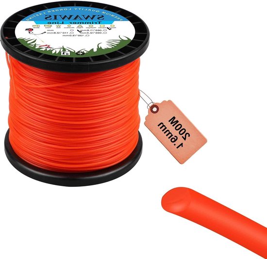 SWAWIS Trimmerdraad gazon maaidraad 1,6 mm / 200 m reservedraad grastrimmer reserve trimmer lijn nylon draad bosmaaier trimmersnoer voor wiet gras tuin of tuin, geel